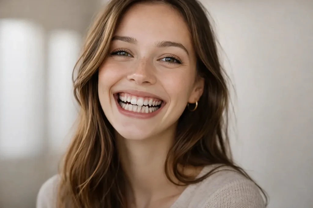Paciente adulta sonriendo tras resolución de apiñamiento dental sin extracciones con Sistema OISE