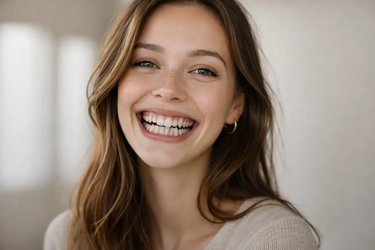 Paciente adulta sonriendo tras resolución de apiñamiento dental sin extracciones con Sistema OISE