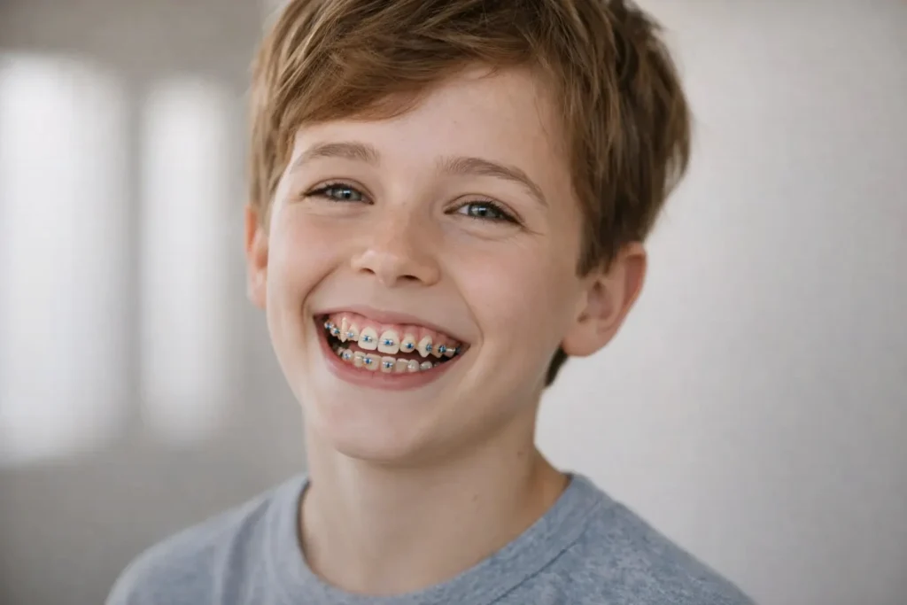 Niño sonriendo con brackets durante tratamiento ortodóntico interceptivo temprano