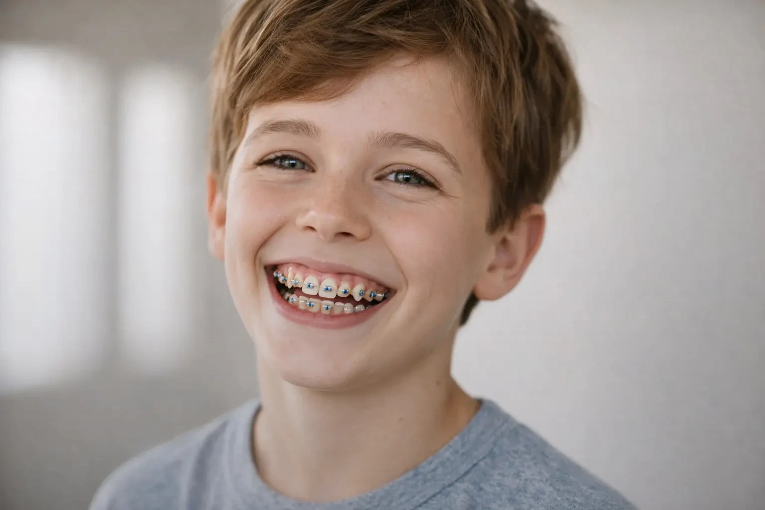 Niño sonriendo con brackets durante tratamiento ortodóntico interceptivo temprano